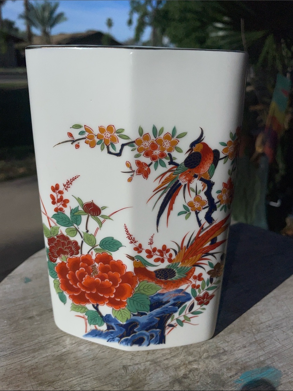 KUTANI made in Japan Porcelain Vase with Orange Floral & Bird Motif